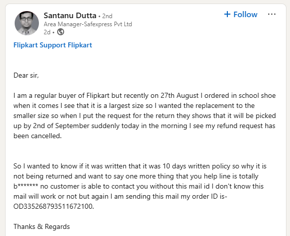 Flipkart Customer Complaint: Refund Request Cancelled Without Reason – Santanu Dutta’s Case
