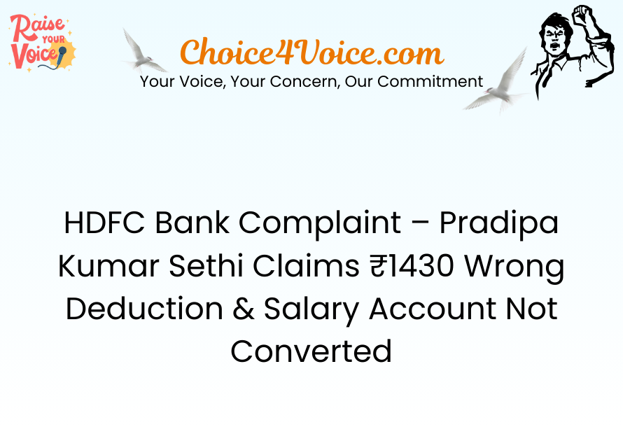 HDFC Bank Complaint – Pradipa Kumar Sethi Claims ₹1430 Wrong Deduction & Salary Account Not Converted