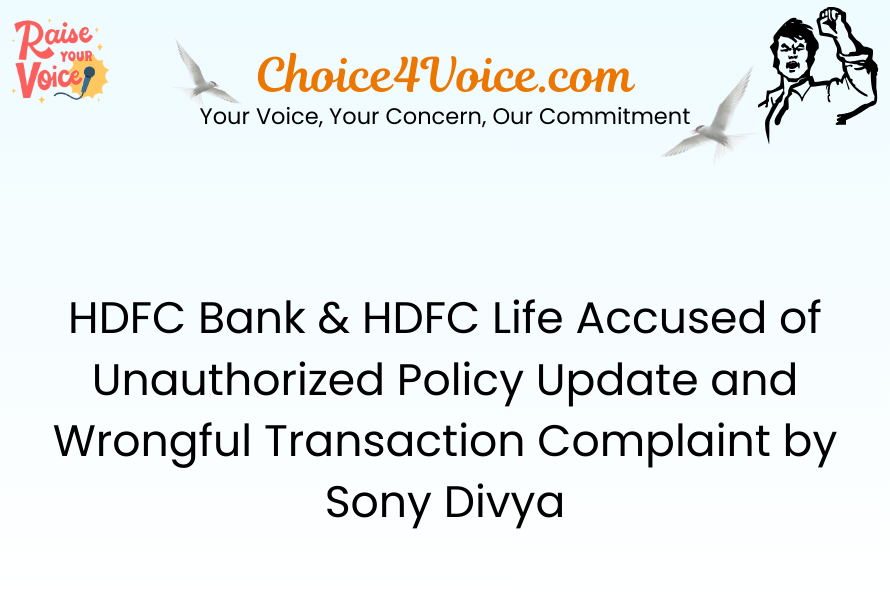 HDFC Bank & HDFC Life Accused of Unauthorized Policy Update and Wrongful Transaction Complaint by Sony Divya