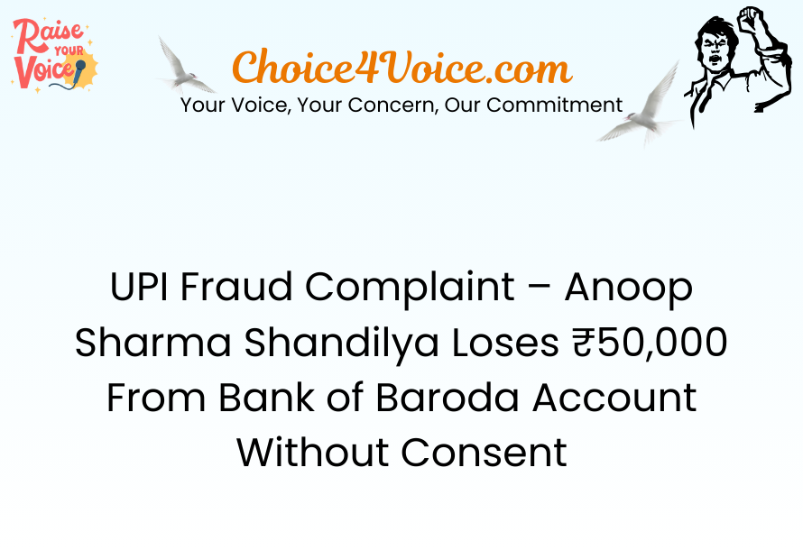 UPI Fraud Complaint – Anoop Sharma Shandilya Loses ₹50,000 From Bank of Baroda Account Without Consent
