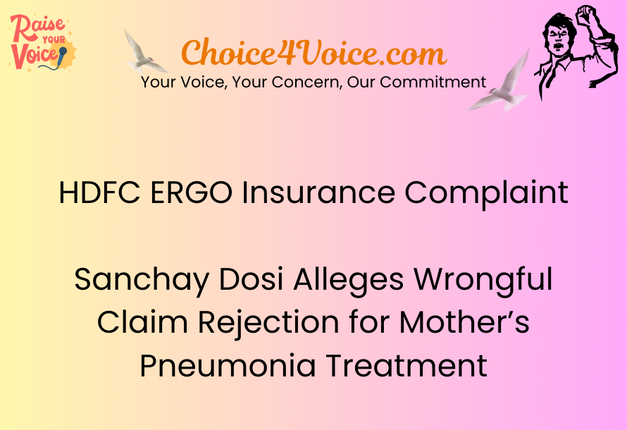 HDFC ERGO Insurance Complaint Sanchay Dosi Alleges Wrongful Claim Rejection for Mother’s Pneumonia Treatment