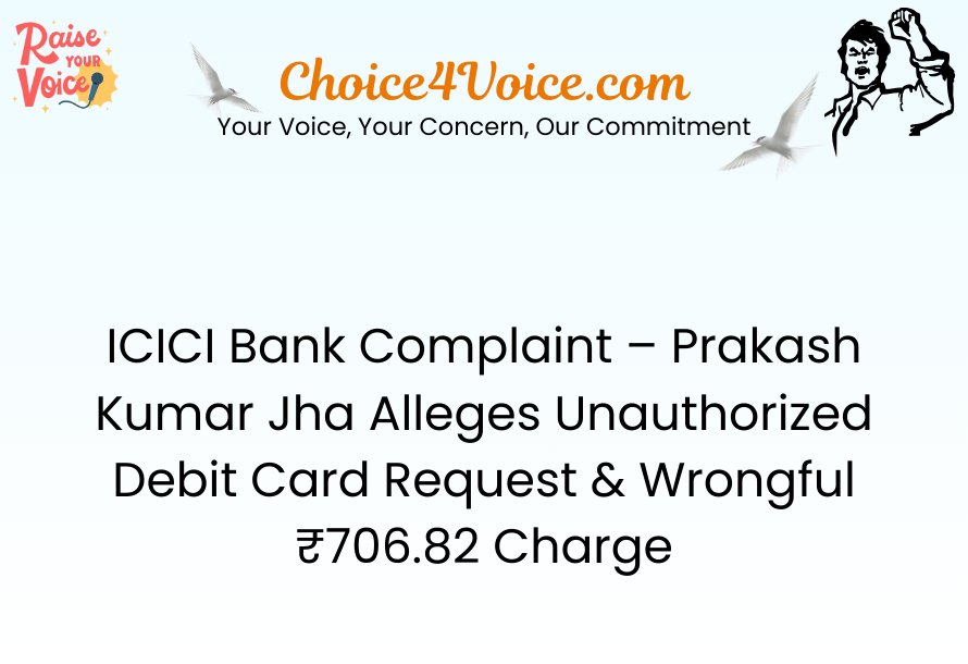ICICI Bank Complaint – Prakash Kumar Jha Alleges Unauthorized Debit Card Request & Wrongful ₹706.82 Charge