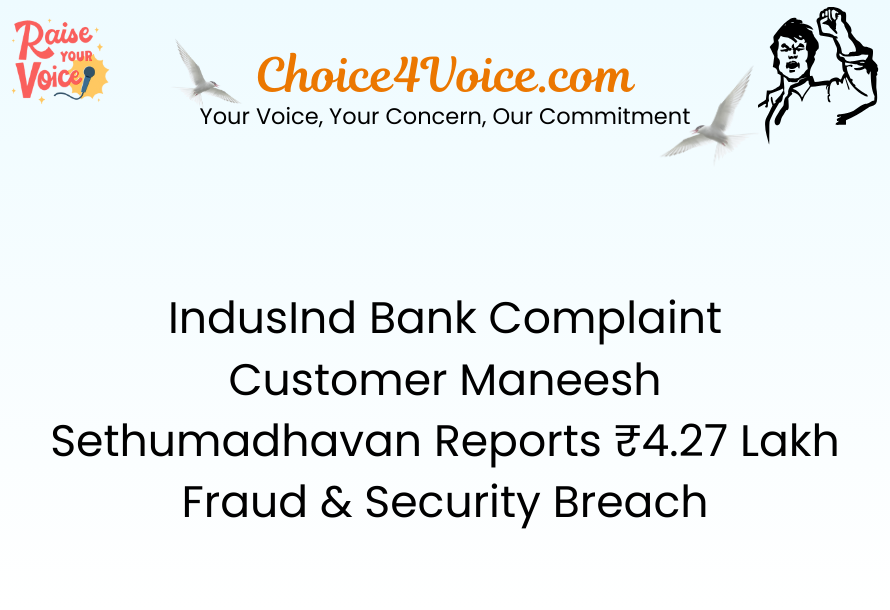 IndusInd Bank Complaint – Customer Maneesh Sethumadhavan Reports ₹4.27 Lakh Fraud & Security Breach