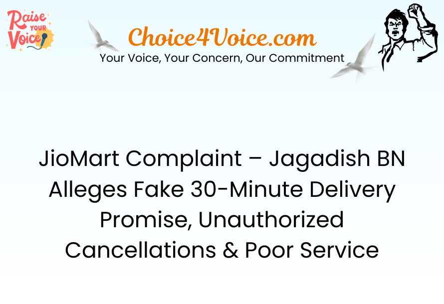 JioMart Complaint – Jagadish BN Alleges Fake 30-Minute Delivery Promise, Unauthorized Cancellations & Poor Service