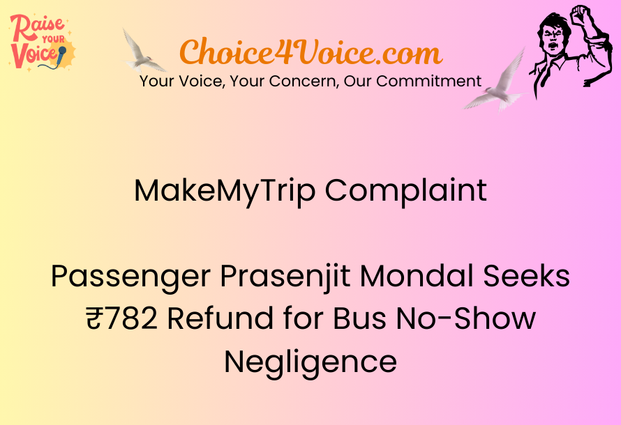 MakeMyTrip Complaint Passenger Prasenjit Mondal Seeks ₹782 Refund for Bus No-Show Negligence