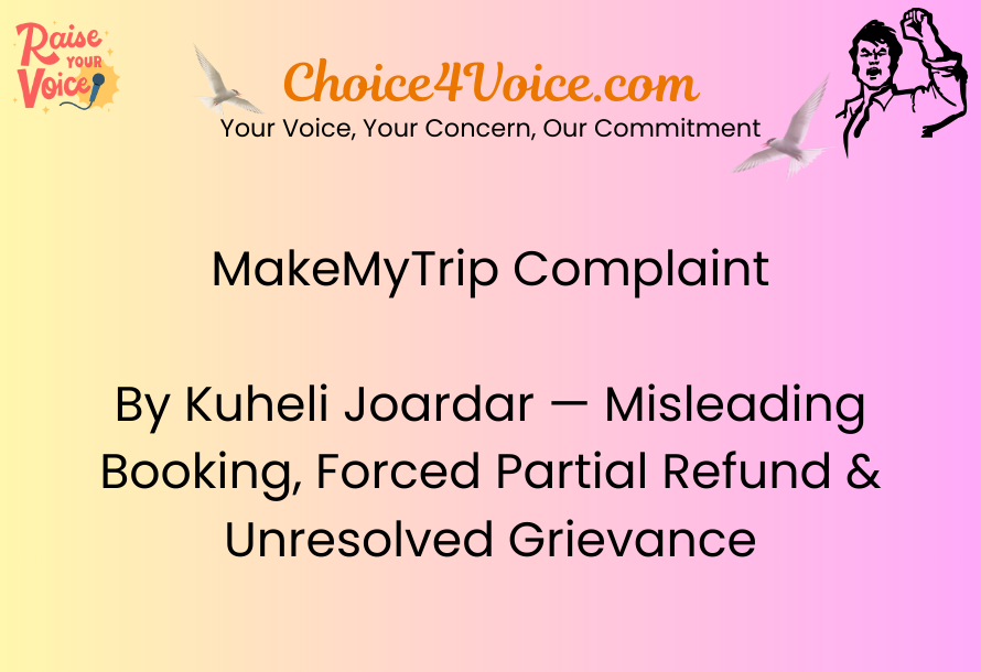 MakeMyTrip Complaint by Kuheli Joardar — Misleading Booking, Forced Partial Refund & Unresolved Grievance