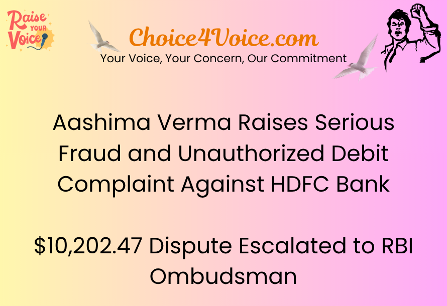 Aashima Verma Raises Serious Fraud and Unauthorized Debit Complaint Against HDFC Bank $10,202.47 Dispute Escalated to RBI Ombudsman