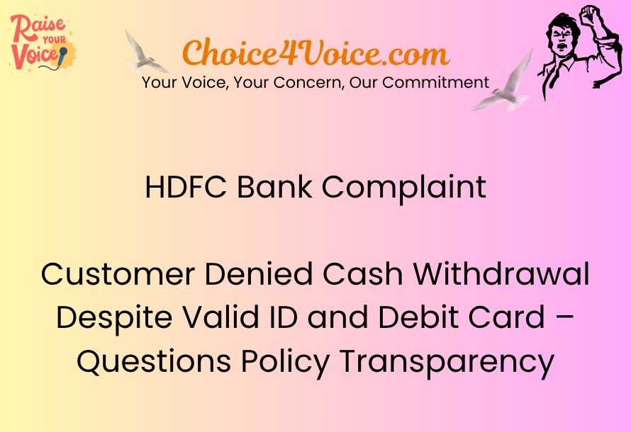 HDFC Bank Complaint Customer Denied Cash Withdrawal Despite Valid ID and Debit Card – Questions Policy Transparency
