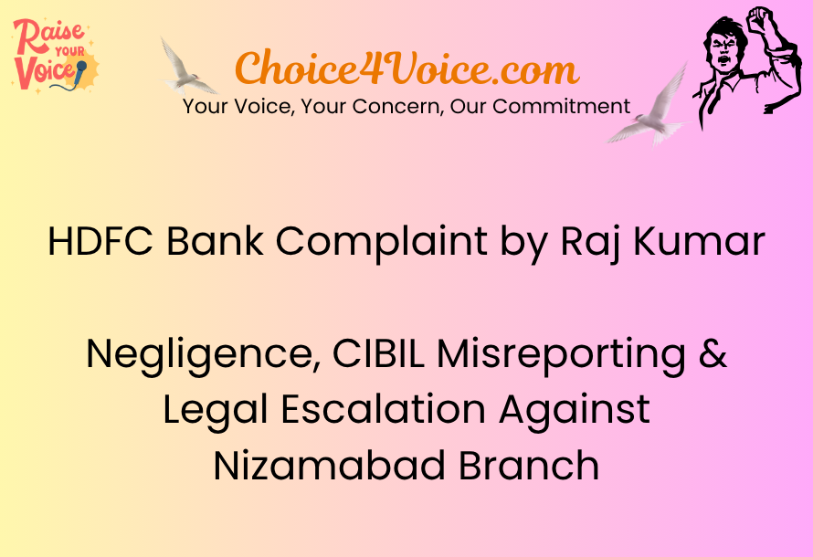 HDFC Bank Complaint by Raj Kumar – Negligence, CIBIL Misreporting & Legal Escalation Against Nizamabad Branch
