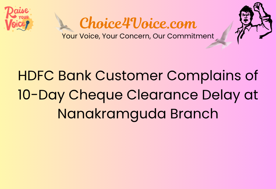 HDFC Bank Customer Complains of 10-Day Cheque Clearance Delay at Nanakramguda Branch – Seeks Immediate Action