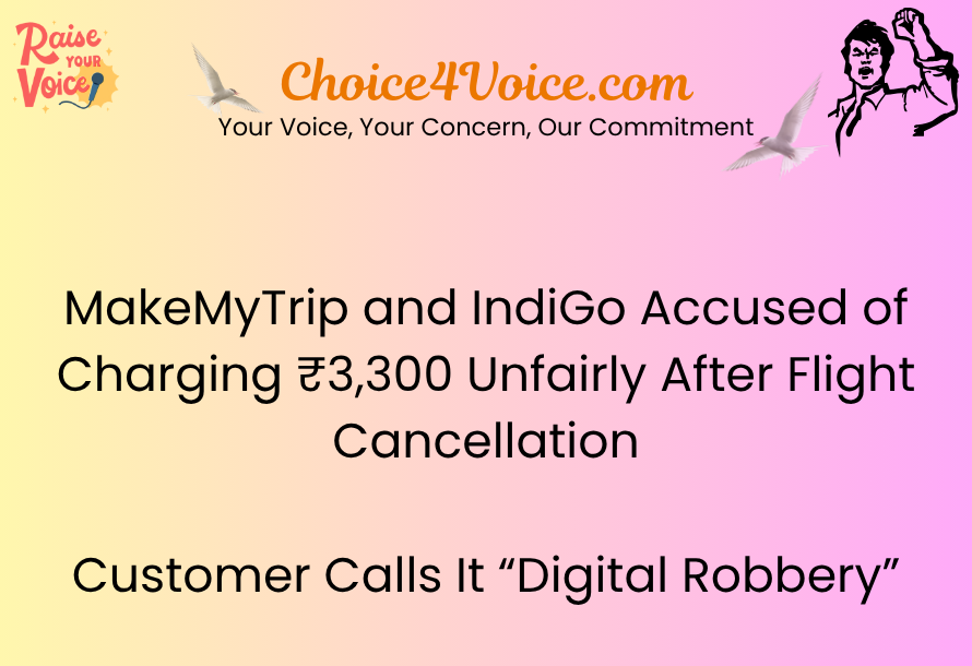 MakeMyTrip and IndiGo Accused of Charging ₹3,300 Unfairly After Flight Cancellation – Customer Calls It “Digital Robbery”