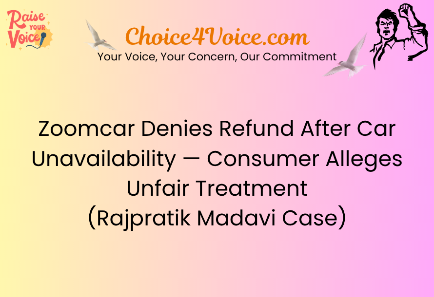 Zoomcar Denies Refund After Car Unavailability — Consumer Alleges Unfair Treatment (Rajpratik Madavi Case)