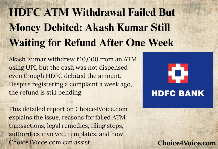 HDFC ATM Withdrawal Failed But Money Debited: Akash Kumar Still Waiting for Refund After One Week