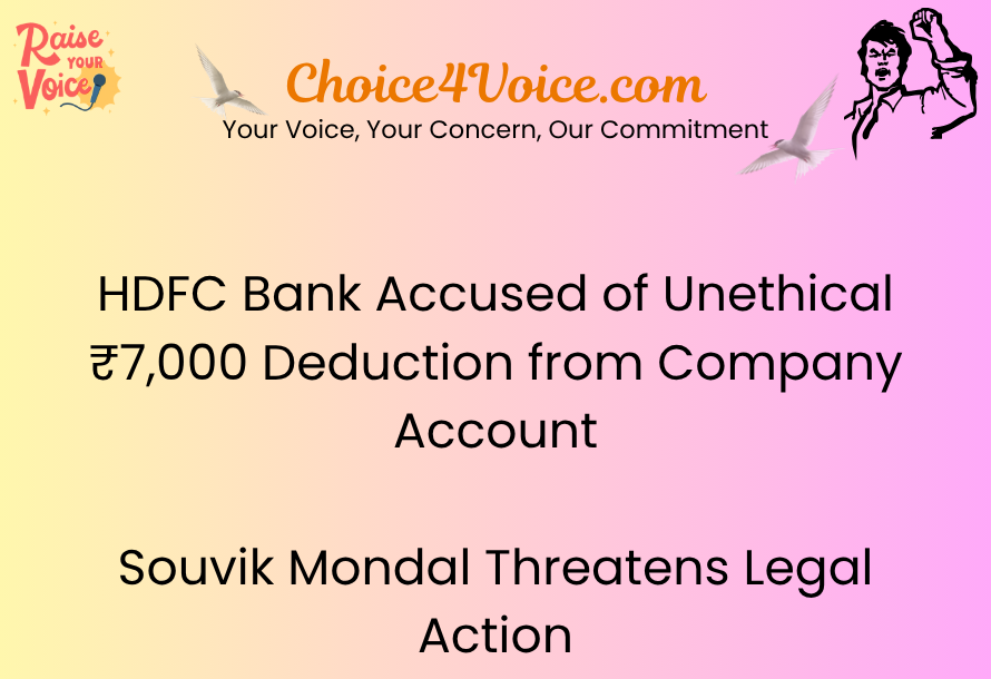 HDFC Bank Accused of Unethical ₹7,000 Deduction from Company Account — Souvik Mondal Threatens Legal Action