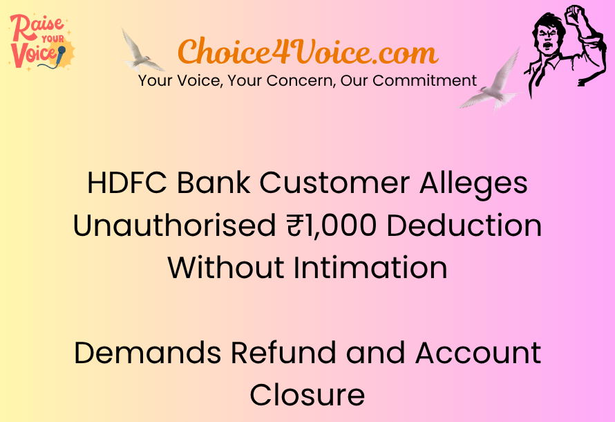 HDFC Bank Customer Alleges Unauthorised ₹1,000 Deduction Without Intimation — Demands Refund and Account Closure