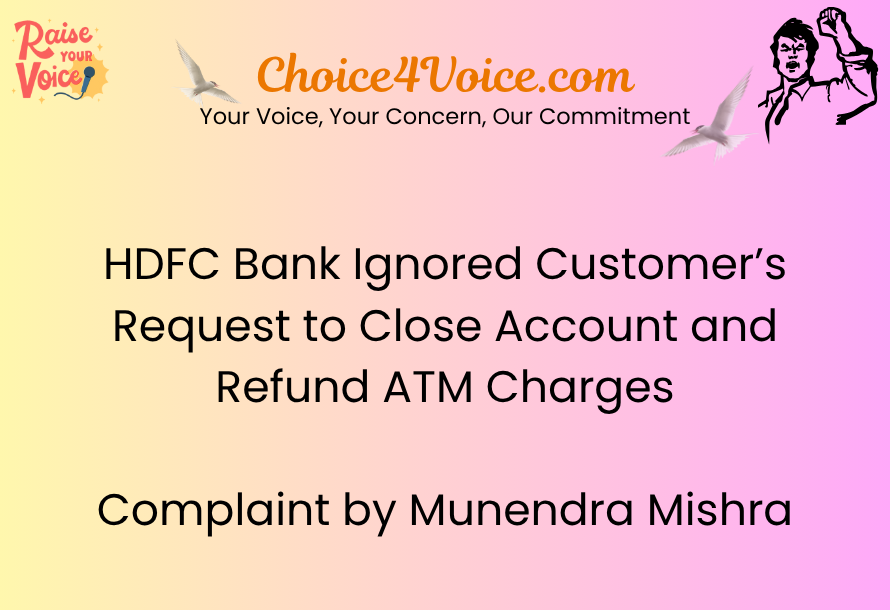 HDFC Bank Ignored Customer’s Request to Close Account and Refund ATM Charges – Complaint by Munendra Mishra