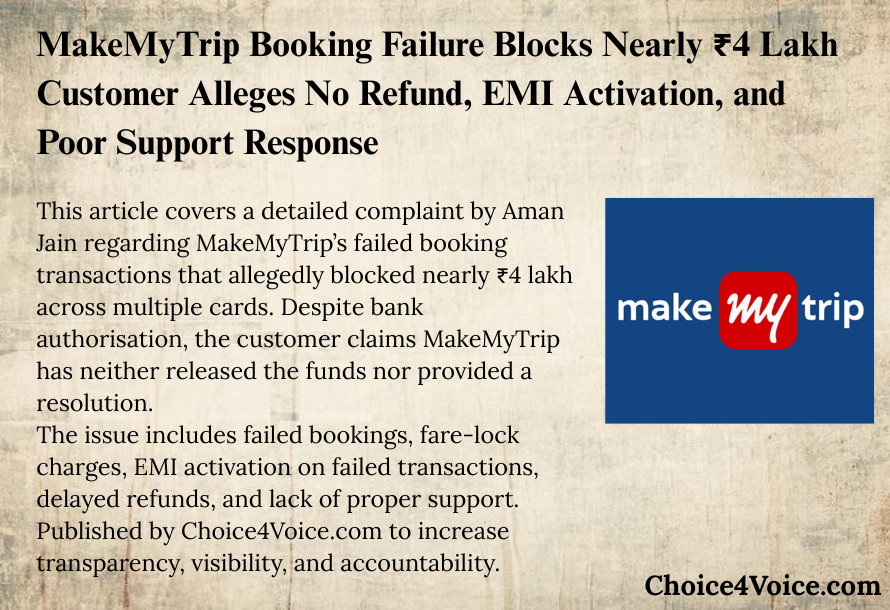 MakeMyTrip Booking Failure Blocks Nearly ₹4 Lakh: Customer Alleges No Refund, EMI Activation, and Poor Support Response