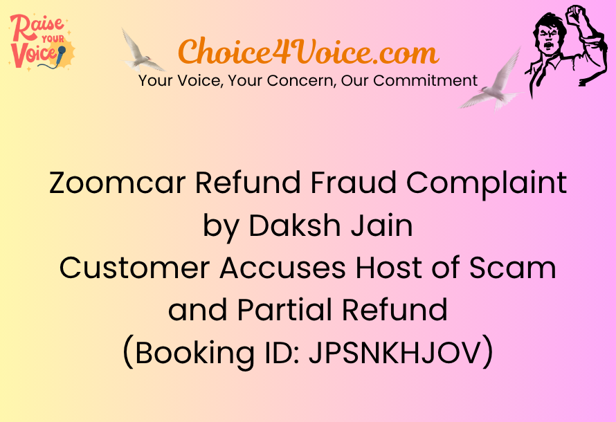 Zoomcar Refund Fraud Complaint by Daksh Jain Customer Accuses Host of Scam and Partial Refund (Booking ID JPSNKHJOV)